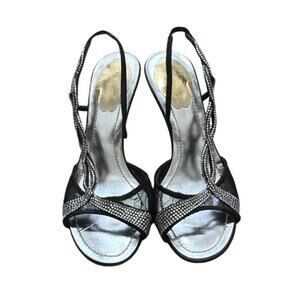 Rene Caovilla black heeled slingback sandal rhinestone embellisment size 36 US 6